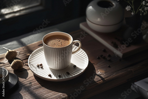 coffee in a white rustic cup, cozy atyle, ai generated  photo