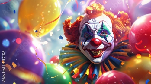 Funny clown on bright background with festive balloons.