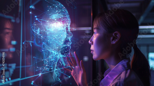technologiy with ai information of face scan of female person photo