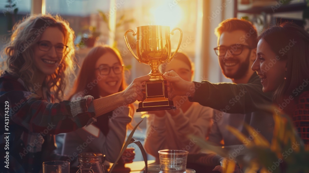 Happy worker team in office holding a golden trophy to celebrate ...