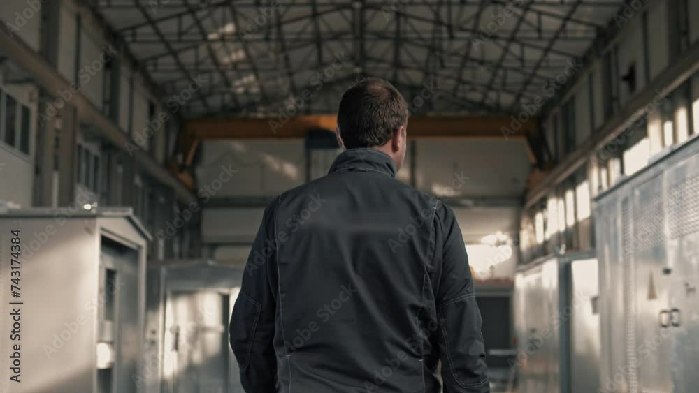 Movement of a uniformed worker from the back through the shop floor of an industrial plant Movement of a uniformed worker from the back through the shop floor of an industrial plant