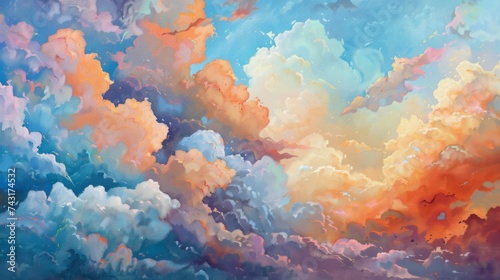 Abstract whimsical pastel clouds create a colorful art background with digital wallpaper gradient texture