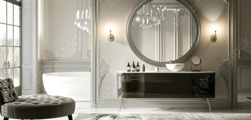 A modern look mirror and sink cabinet in an elegant bathroom  in the style of baroque dramatic lighting.