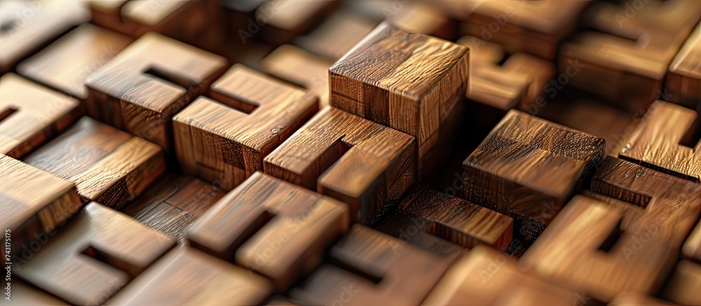 A close-up view of a wooden puzzle showcasing interlocking pieces forming a cohesive whole. Each piece fits snugly into place, representing precision and problem-solving skills.
