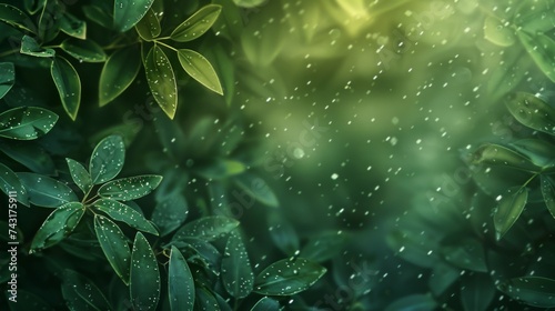 Superhero woozie abstract background with sparkling dew on green leaves and light bokeh