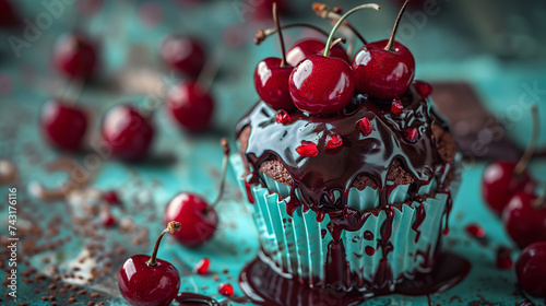 Tempting Chocolate Cupcake with Cherries and Chocolate Drizzle on Turquoise photo