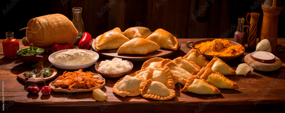 A celebratory display of empanadas, bursting with vibrant fillings, arrayed on a wooden countertop under the glow of warm lighting, fostering a welcoming atmosphere for communal dining and shared joy.