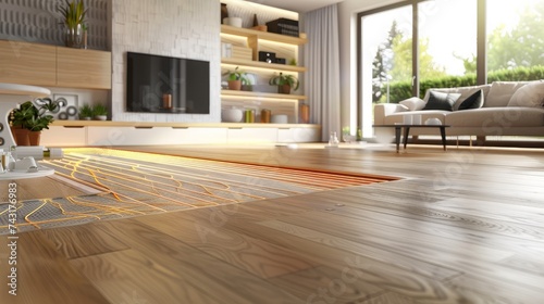 Illustration depicting a underfloor heating system installed beneath a wooden floor, rendered in 3D