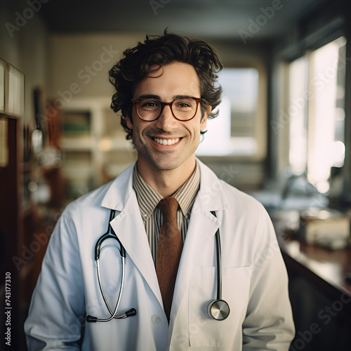 Happy Doctor smiling in the clinic office and looking into camera, young docter photo