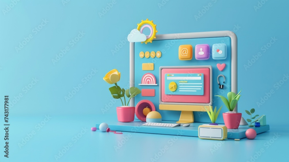 Design and development of web user interface and experience, with a focus on web application design, coding, and website construction, depicted against a blue background. 3D vector illustration Design and development of web user interface and experience, with a focus on web application design, coding, and website construction, depicted against a blue background. 3D vector illustration