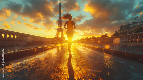 Silhouette of woman sprinter gives best effort as she competes for gold medal with Eiffel Tower © Emiliia