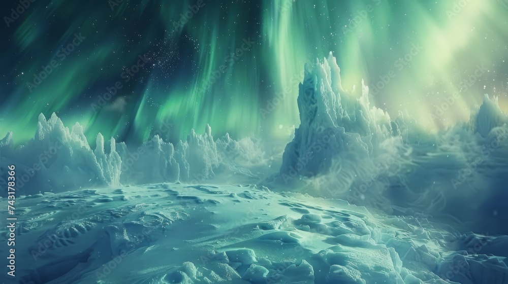 Majestic Aurora over Ice-filled Abstract Green and Blue Northern Landscape