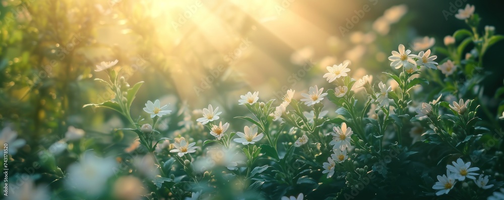 The blooming flowers banner. surrounded by green nature and shining sun.