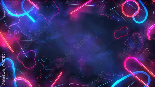 Abstract neon scribbles create a layered and colorful background with a bright glow