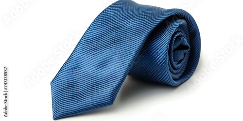 A vibrant blue tie elegantly against a white background. Blue rolled tie made of silky fabric with a luxurious and elegant texture.