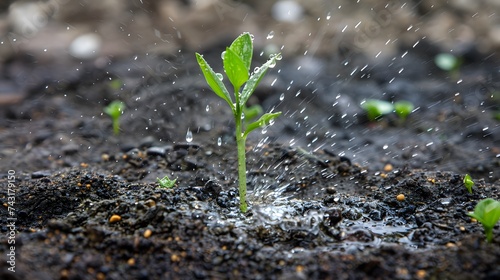 Agriculture. Watering one green sprout in the soil field. Water drops for irrigation. Concept of agriculture, green sprout is watered by raindrops. Sprout grows in the soil. ecology concept. photo