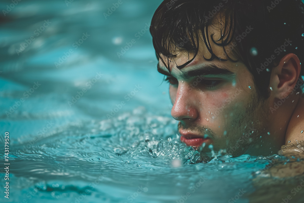 A man swimming laps in a pool, with a look of focus on his face