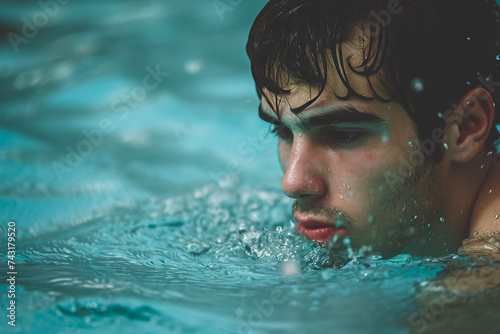 A man swimming laps in a pool, with a look of focus on his face © mila103