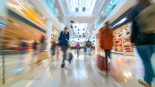 Blurred background of a modern shopping mall with some shoppers. Shoppers walking at shopping center, motion blur. Abstract motion blurred shoppers with shopping bags