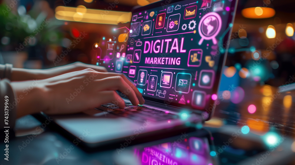 Hands using a laptop and imaginary glowing Digital Marketing icons. Hands using a laptop and imaginary glowing Digital Marketing icons.