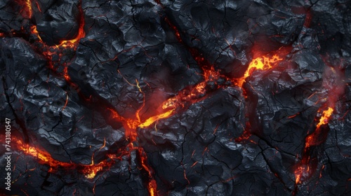 Abstract volcanic background with dynamic lava texture, cracks glowing orange against black rock