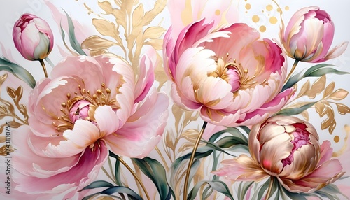 Abstract beautiful peony pink and gold flowers. Decorative hand-painted floral background.