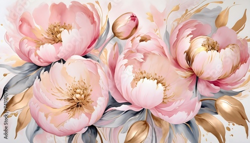 Abstract beautiful peony pink and gold flowers. Decorative hand-painted floral background.