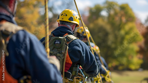 A rescue team is training for a disaster using ropes and rappelling gear. The rescue team wearing hard hats and safety vests, and they using specialized equipment.