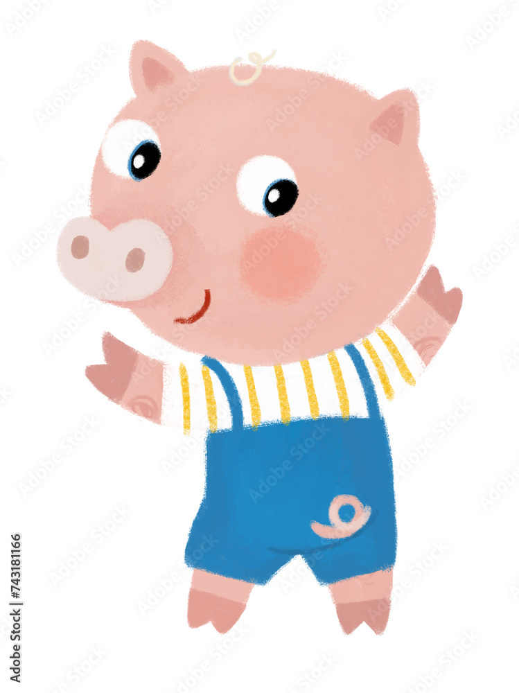 cartoon scene with farm pig boy child standing smiling and looking in dungerees illustration for children cartoon scene with farm pig boy child standing smiling and looking in dungerees illustration for children