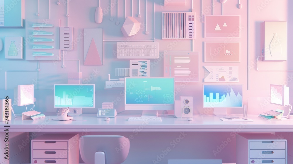 3D render of a software development hub in pastel colors, with multiple ...