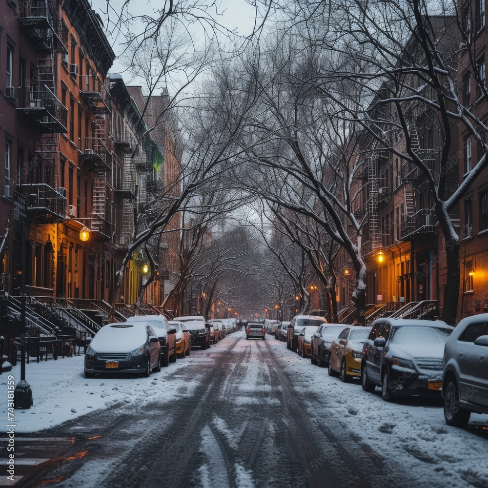 a snowy street with cars parked on it