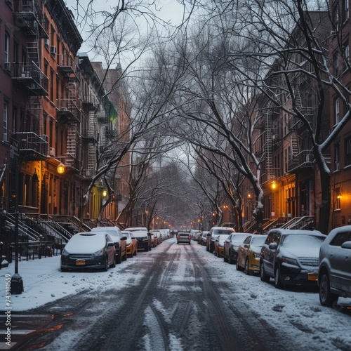 a snowy street with cars parked on it © Aliaksandr Siamko