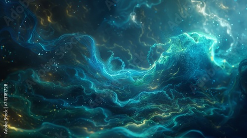 Abstract Bioluminescent Background with Blue Glowing Waves Flowing in an Artistic Texture of Light