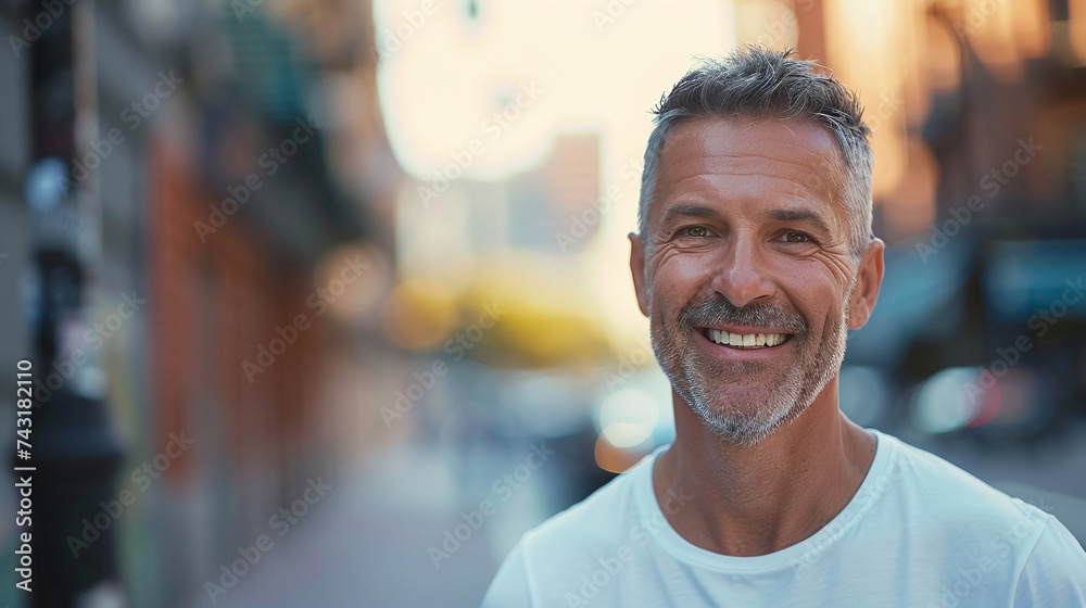 portrait of a middle aged man wearing white t shirt