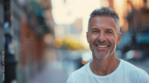 portrait of a middle aged man wearing white t shirt
