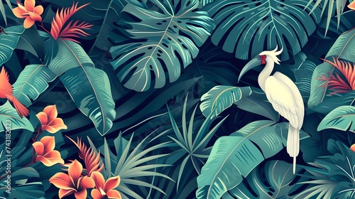 Seamless pattern with exotic trees, flowers and birds. Exotic tropical green jungle palm, leaves with trendy bird background. - VectorTexture for wrapping, textile wallpapers, surface design photo