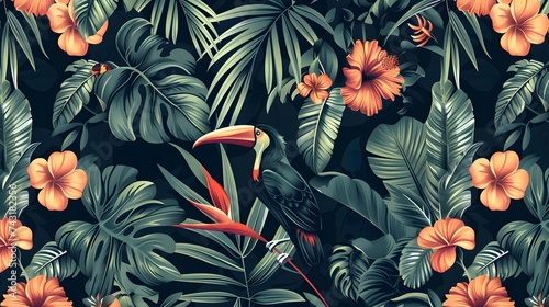 Seamless pattern with exotic trees, flowers and birds. Exotic tropical green jungle palm, leaves with trendy bird background. - VectorTexture for wrapping, textile wallpapers, surface design