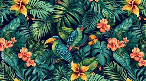 Seamless pattern with exotic trees, flowers and birds. Exotic tropical green jungle palm, leaves with trendy bird background. - VectorTexture for wrapping, textile wallpapers, surface design photo