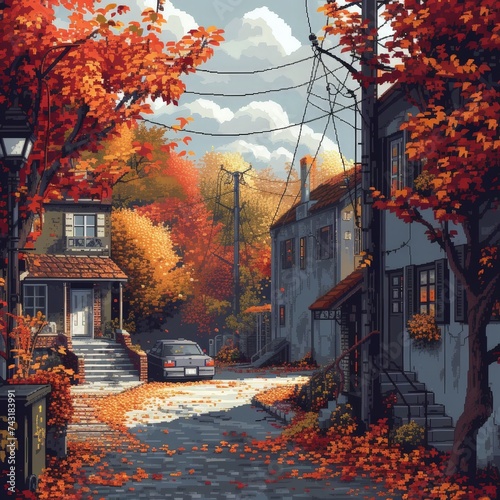 a street with houses and trees - pixel art