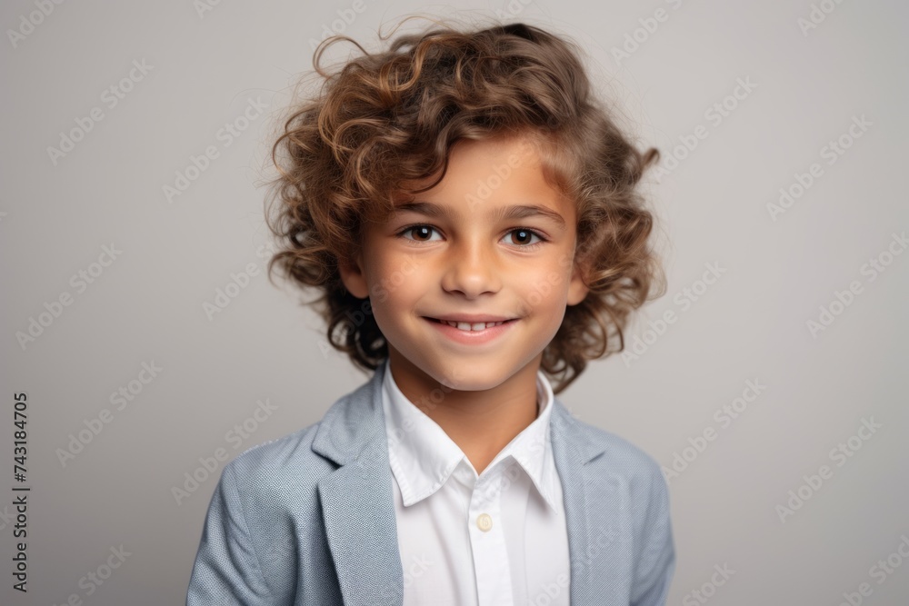 Portrait of a cute little boy with curly hair over grey background Portrait of a cute little boy with curly hair over grey background
