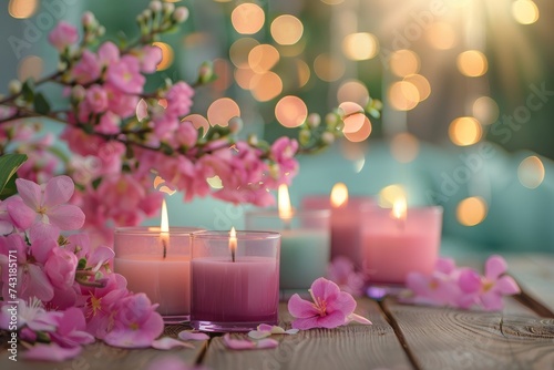 A serene setting of lit candles surrounded by blooming pink flowers on a wooden table with a bokeh background.