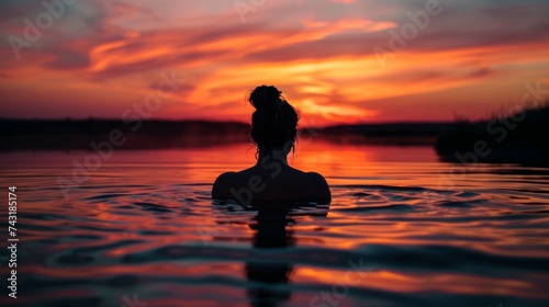 A person submerged in water, gazing at a breathtaking sunset. © Sandris