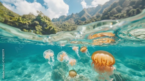 Jellyfish in tropical turquoise ocean water in sunny day. Split view above and below water surface. Travel and vacation concept