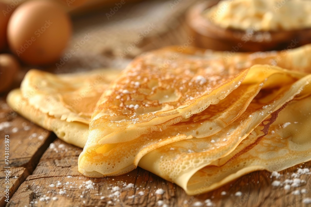 Golden brown crepes sprinkled with powdered sugar on a rustic wooden table with eggs in the background. Golden brown crepes sprinkled with powdered sugar on a rustic wooden table with eggs in the background.