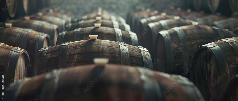 Atmospheric view of aged wooden barrels in a dimly lit cellar, hinting at timeless tradition. - obrazy, fototapety, plakaty 