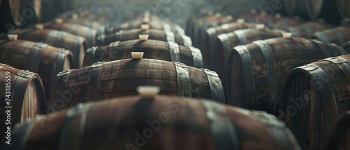 Atmospheric view of aged wooden barrels in a dimly lit cellar, hinting at timeless tradition.