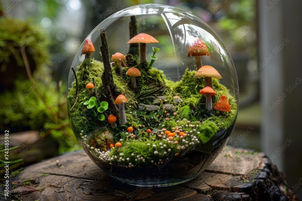 A vibrant miniature forest with mushrooms and moss in a spherical glass terrarium. A vibrant miniature forest with mushrooms and moss in a spherical glass terrarium.