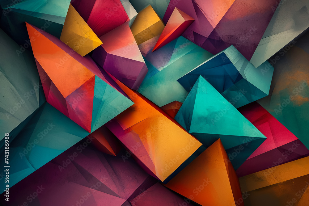 A 3D geometric abstraction with a jewel tone color scheme. The shapes are prisms and octahedrons