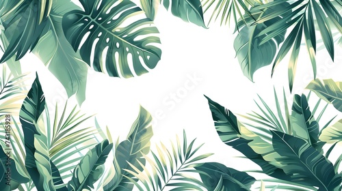 Vector banner with green tropical leaves on white background. Exotic botanical design for cosmetics  spa  perfume  beauty salon  travel agency. 
