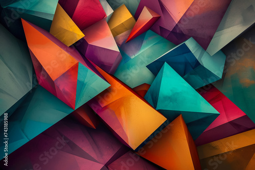 A 3D geometric abstraction with a jewel tone color scheme. The shapes are prisms and octahedrons photo